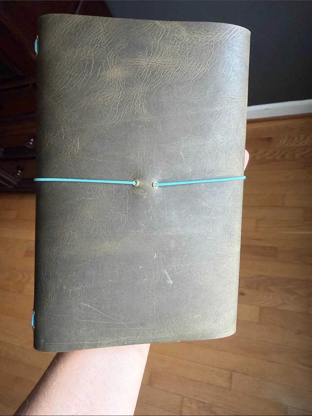 Leather A5 Journal/ Notebook olive green with Blue Elastic Closure